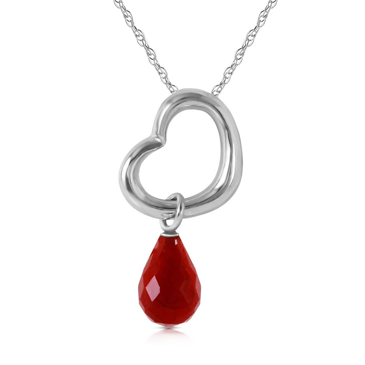 14K Solid White Gold Heart Necklace w/ Dangling Natural Ruby