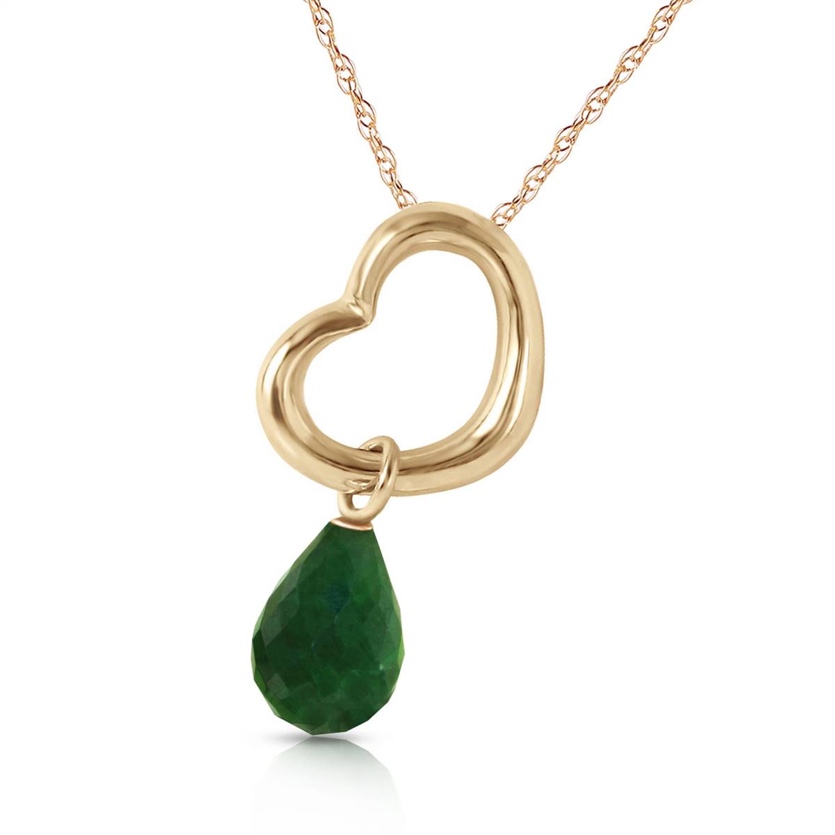 14K Solid Yellow Gold Heart Necklace w/ Dangling Natural Emerald