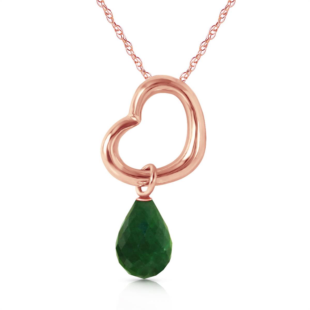 14K Solid Rose Gold Heart Necklace w/ Dangling Natural Emerald