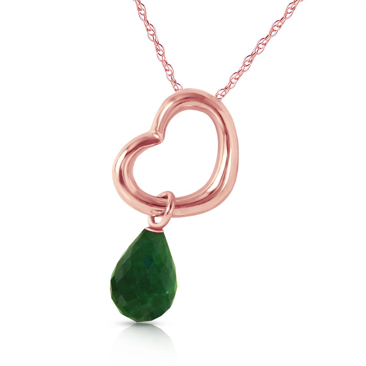 14K Solid Rose Gold Heart Necklace w/ Dangling Natural Emerald