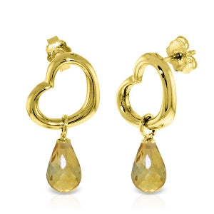 14K Solid Yellow Gold Heart Earrings w/ Dangling Natural Citrines