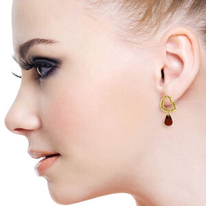 14K Solid Yellow Gold Heart Earrings w/ Dangling Natural Garnets