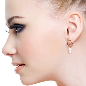 14K Solid Rose Gold Heart Earrings w/ Dangling Natural White Topaz