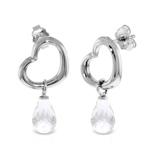 14K Solid White Gold Heart Earrings w/ Dangling Natural White Topaz