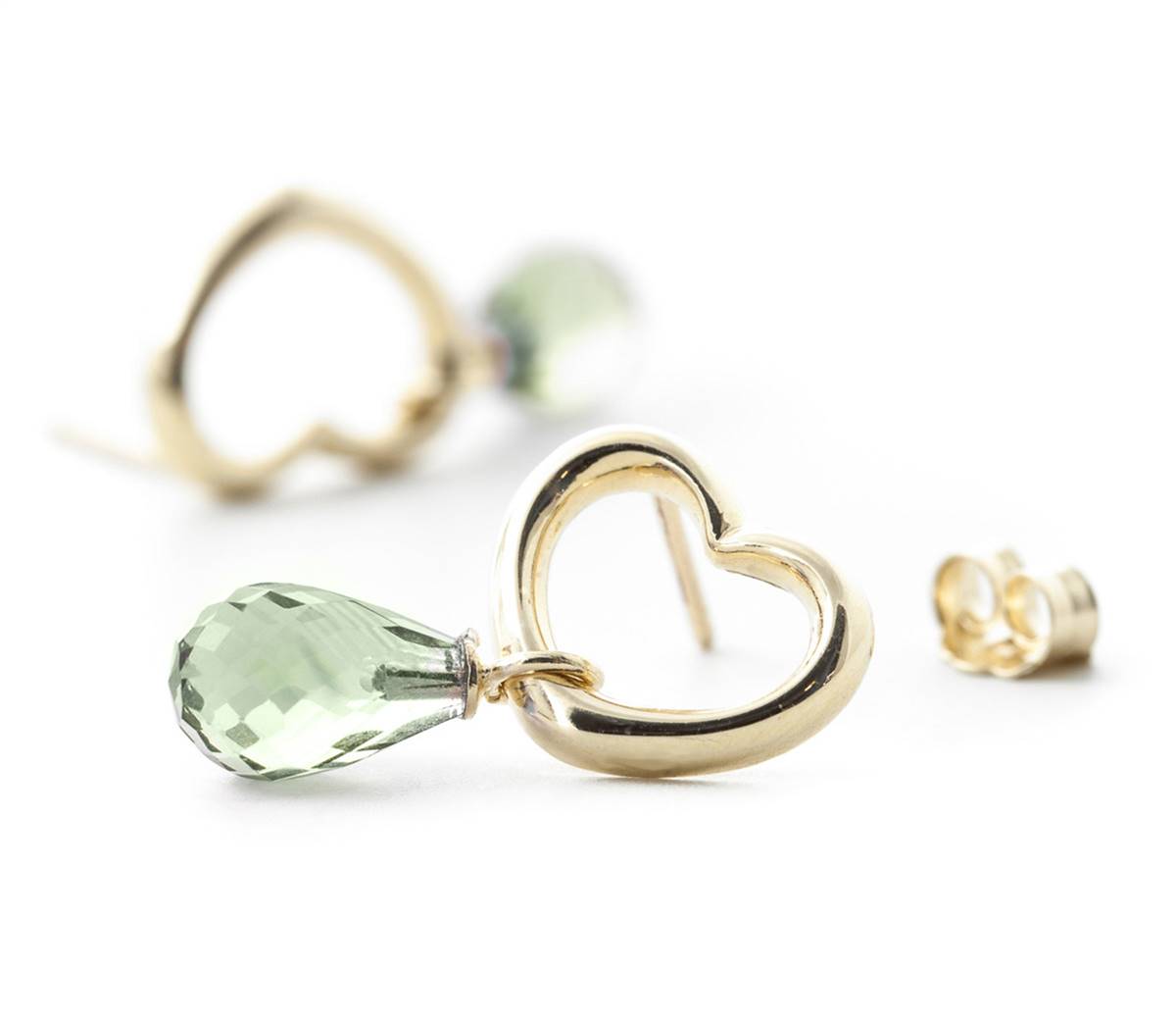 14K Solid Yellow Gold Heart Earrings w/ Dangling Natural Green Amethysts