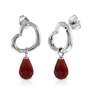 14K Solid White Gold Heart Earrings w/ Dangling Natural Rubies
