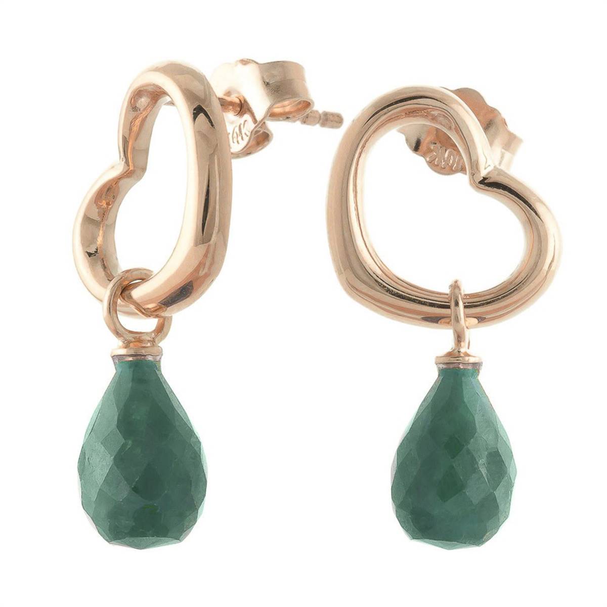 14K Solid Rose Gold Heart Earrings w/ Dangling Natural Emeralds
