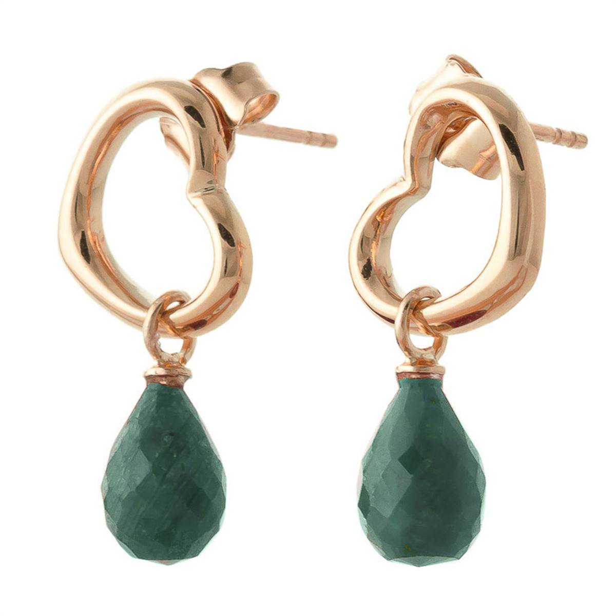 14K Solid Rose Gold Heart Earrings w/ Dangling Natural Emeralds