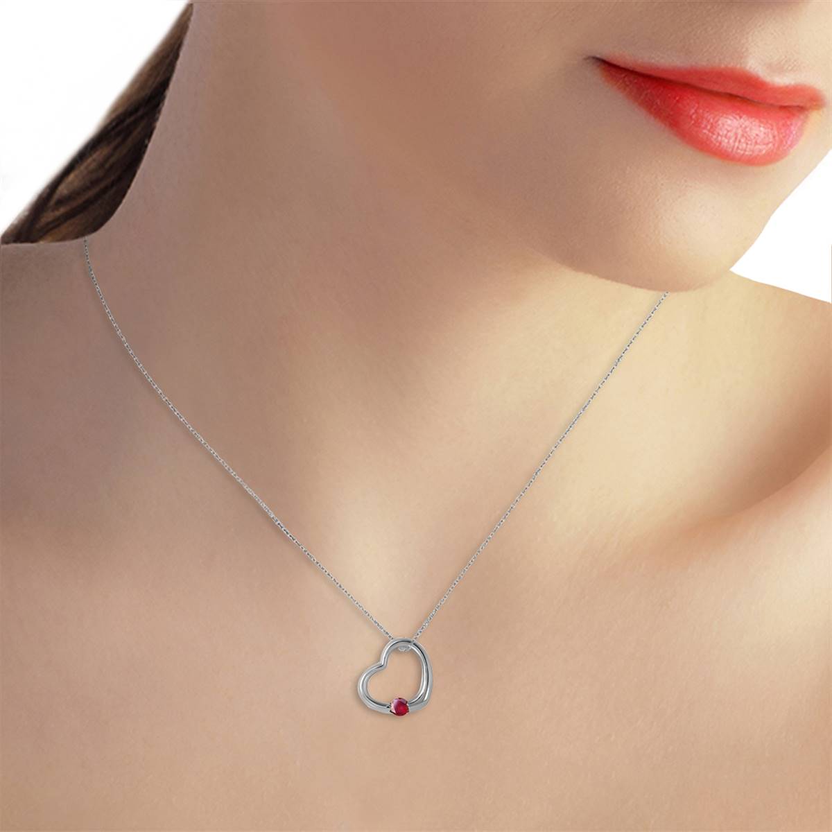 14K Solid White Gold Heart Necklace w/ Natural Ruby