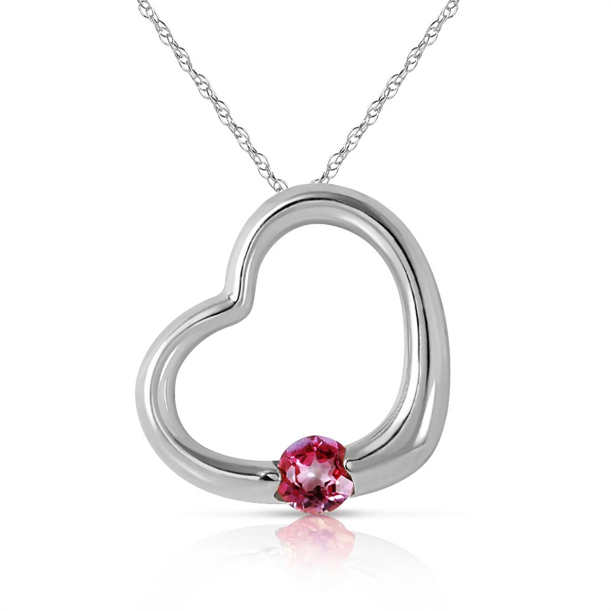 14K Solid White Gold Heart Necklace w/ Natural Pink Topaz