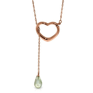 14K Solid Rose Gold Heart Necklace w/ Drop Briolette Natural Green Amethyst