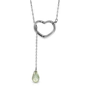 14K Solid White Gold Heart Necklace w/ Drop Briolette Natural Green Amethyst