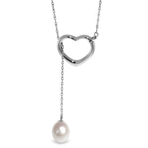 14K Solid White Gold Heart Necklace w/ Drop Natural Pearl