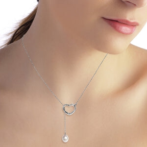 14K Solid White Gold Heart Necklace w/ Drop Natural Pearl