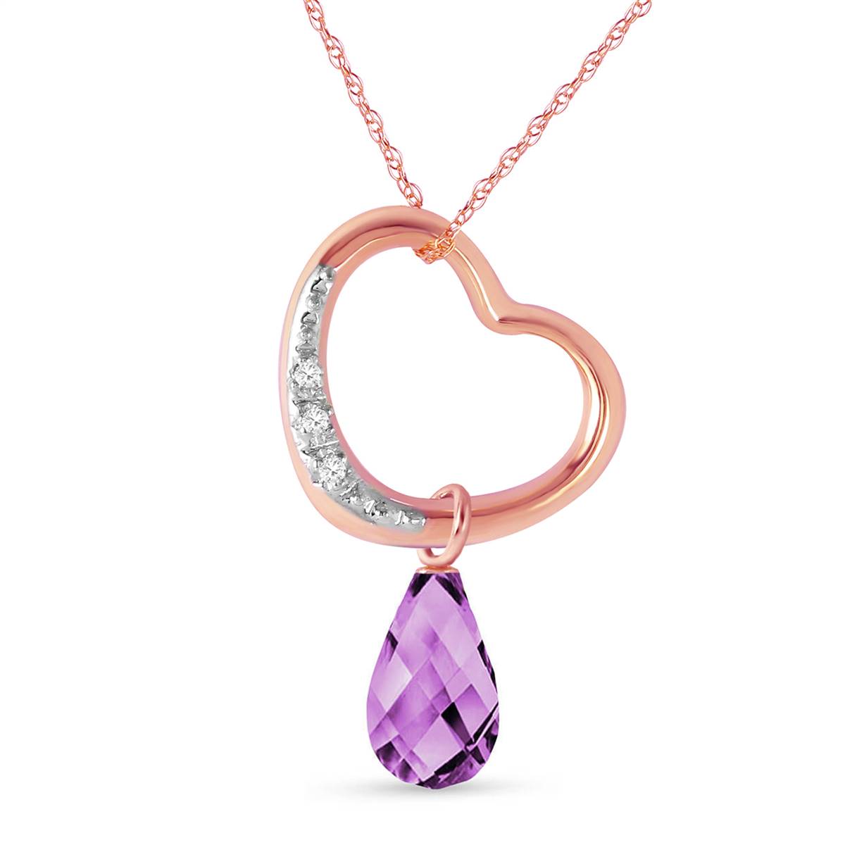 14K Solid Rose Gold Heart Natural Diamond & Amethyst Necklace Certified