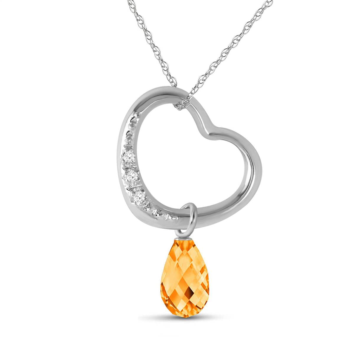 14K Solid White Gold Heart Necklace Natural Diamond & Citrine Gemstone