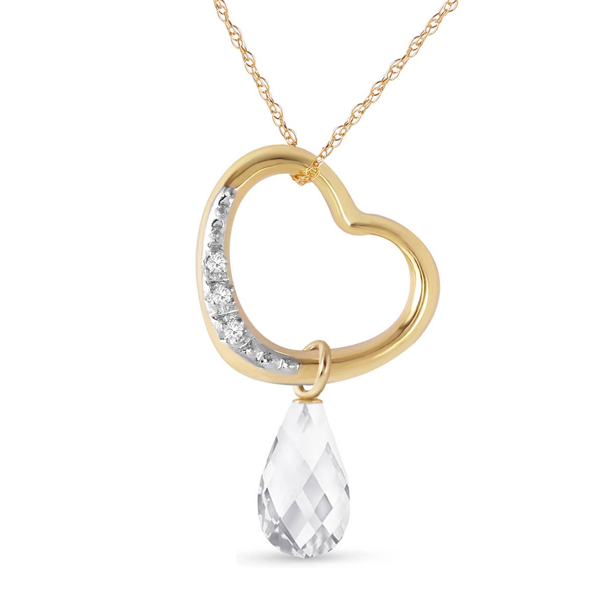 14K Solid Yellow Gold Heart Necklace w/ Natural Diamond & White Topaz