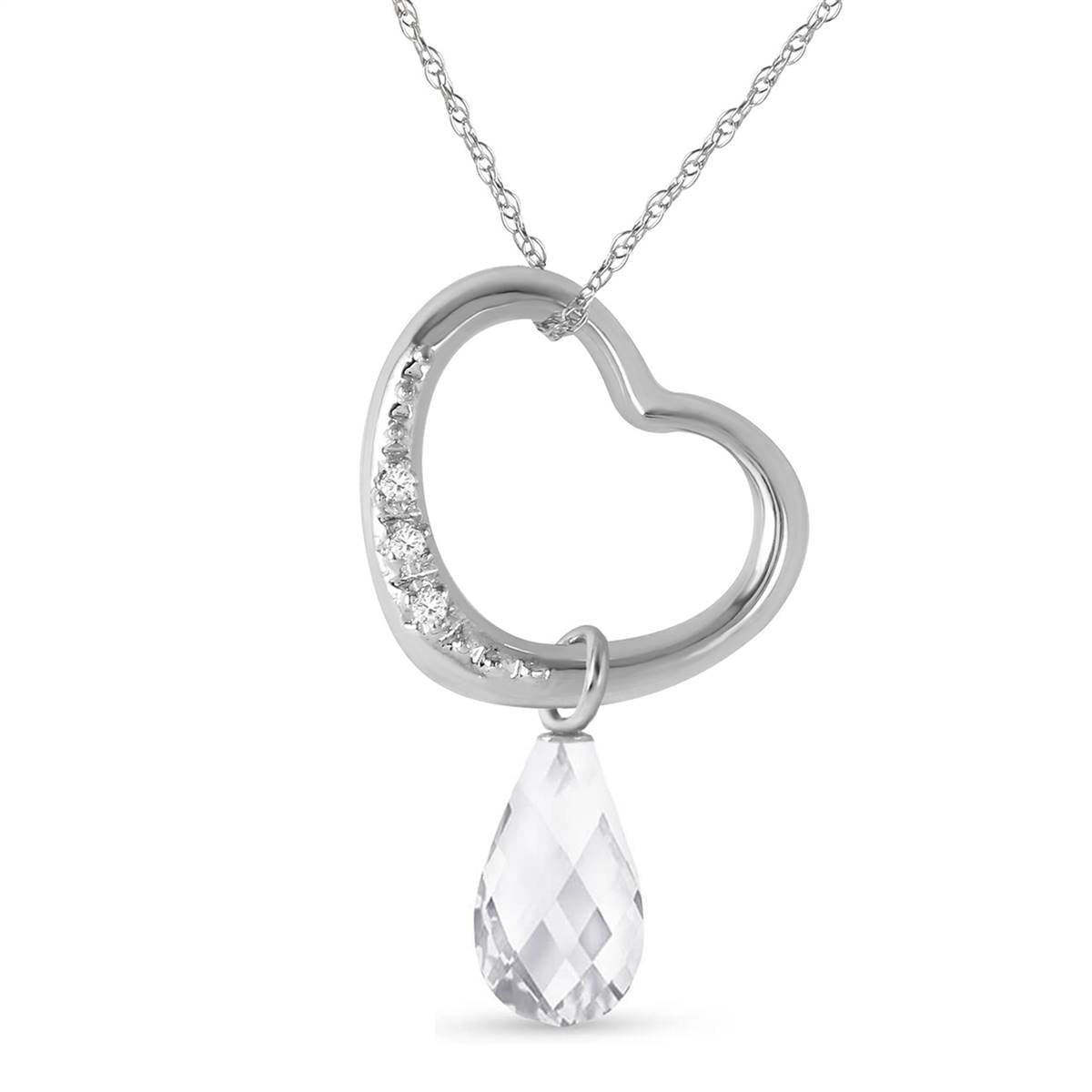 14K Solid White Gold Heart Necklace w/ Natural Diamond & White Topaz