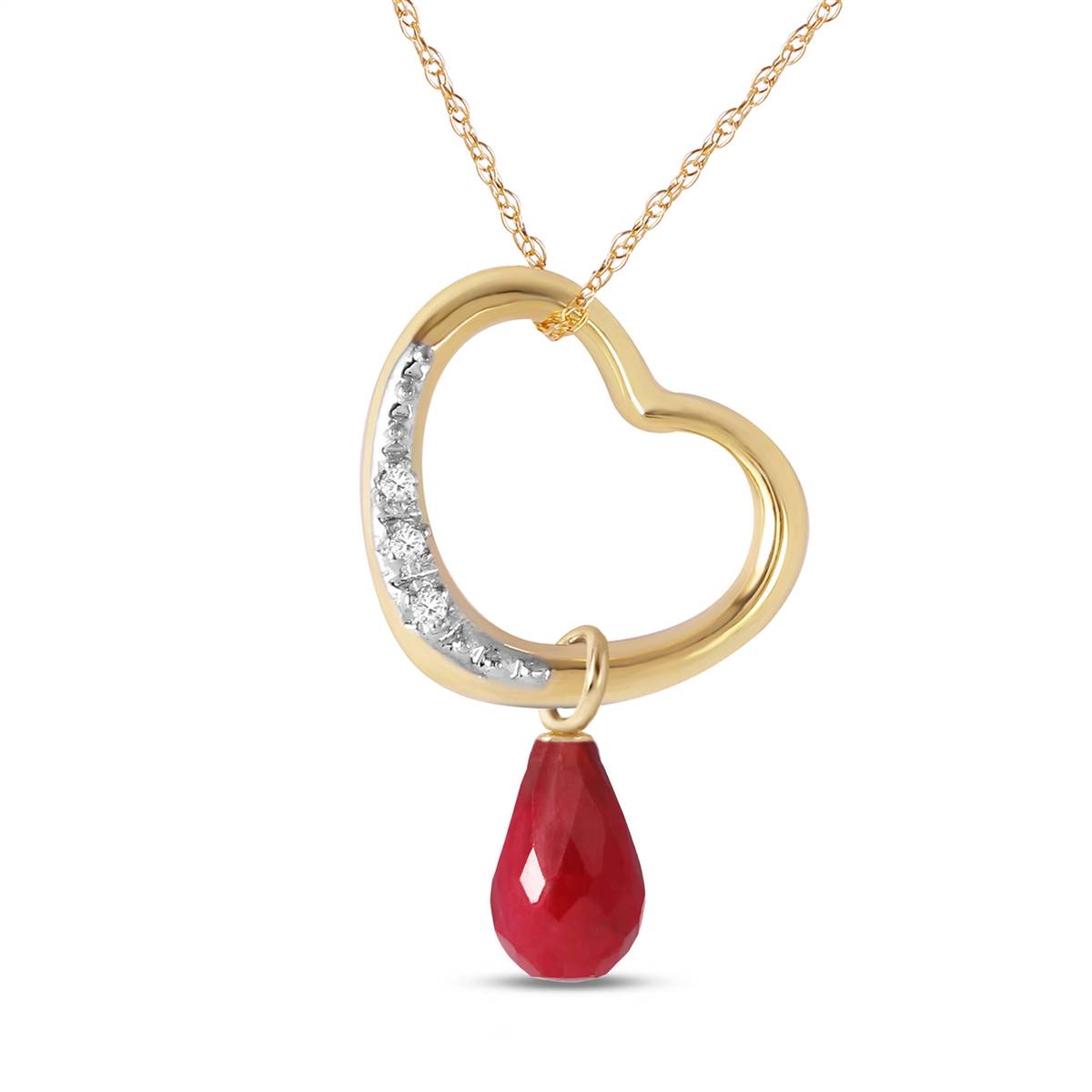 14K Solid Yellow Gold Heart Natural Diamond & Ruby Necklace