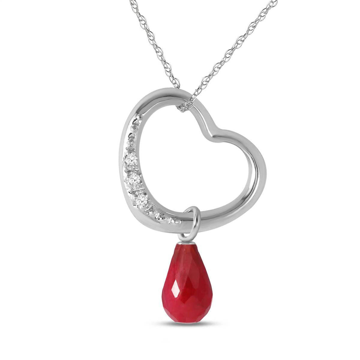 14K Solid White Gold Heart Necklace Natural Diamond & Ruby Gemstone