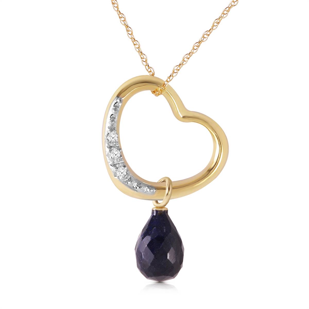 14K Solid Yellow Gold Heart Natural Diamond & Sapphire Necklace