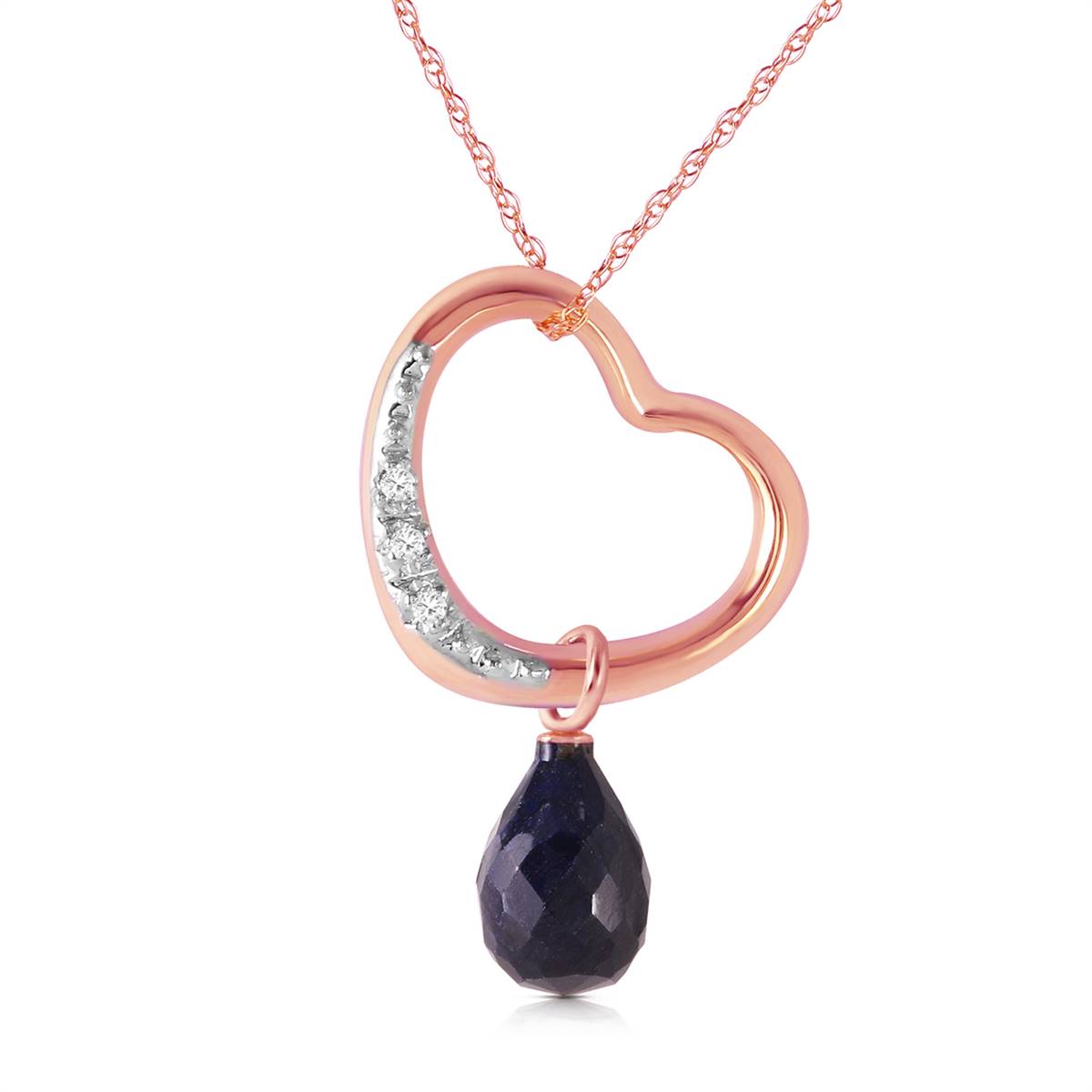 14K Solid Rose Gold Heart Natural Diamond & Sapphire Necklace Certified