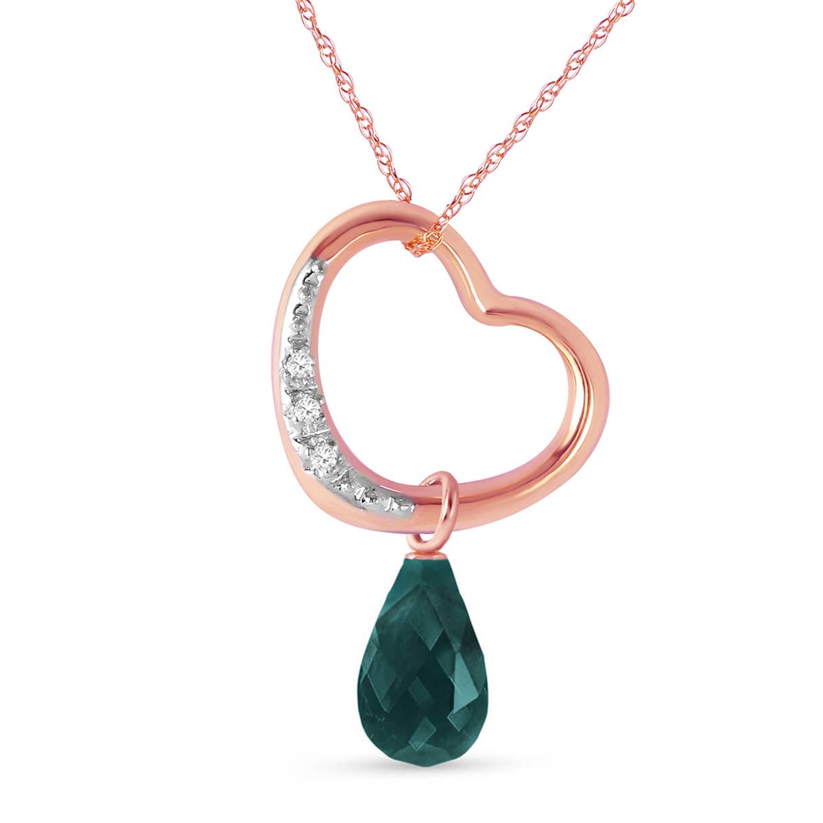 14K Solid Rose Gold Heart Necklace w/ Natural Diamond & Emerald