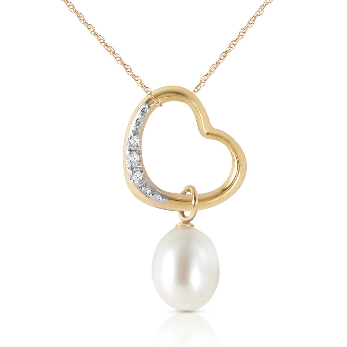 14K Solid Yellow Gold Heart Necklace w/ Natural Diamond & Pearl