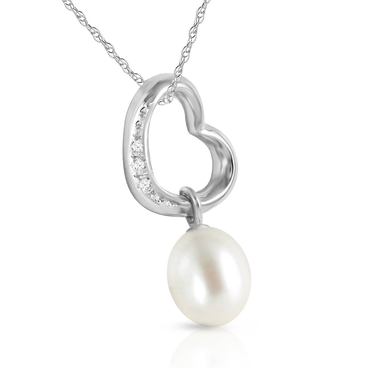 14K Solid White Gold Heart Necklace w/ Natural Diamond & Pearl