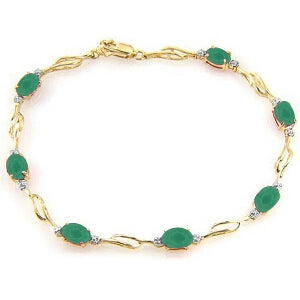 14K Solid Yellow Gold Tennis Bracelet w/ Emeralds & Diamonds