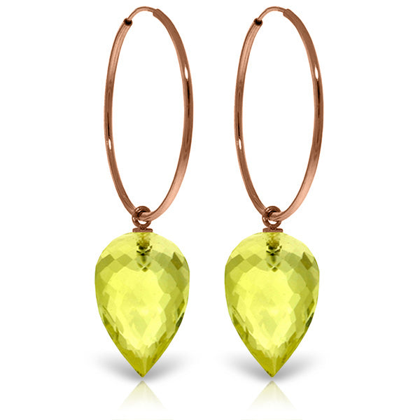 14K Solid Rose Gold Hoop Earrings w/ Pointy Briolette Drop Lemon Quartz