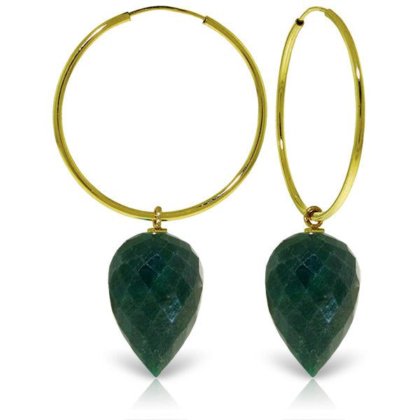14K Solid Yellow Gold Hoop Earrings w/ Pointy Briolette Emerald Color Corundum