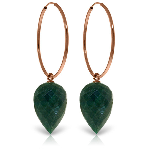 14K Solid Rose Gold Hoop Earrings w/ Pointy Briolette Emerald Color Corundum