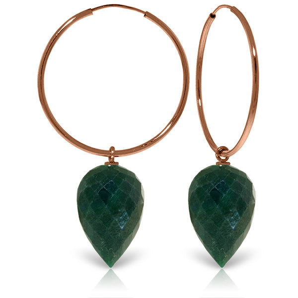 14K Solid Rose Gold Hoop Earrings w/ Pointy Briolette Emerald Color Corundum