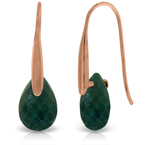 14K Solid Rose Gold Fish Hook Earrings w/ Dangling Briolette Emerald Color Corundum
