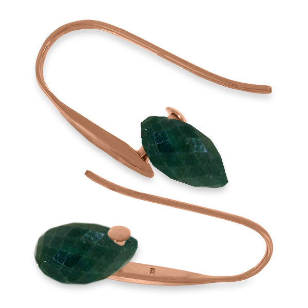 14K Solid Rose Gold Fish Hook Earrings w/ Dangling Briolette Emerald Color Corundum