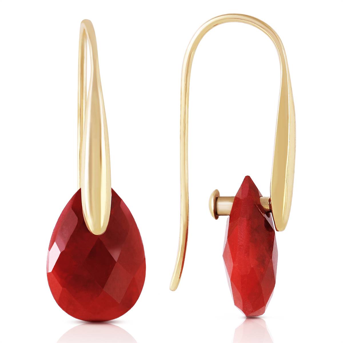 14K Solid Yellow Gold Fish Hook Earrings w/ Dangling Briolette Rubies