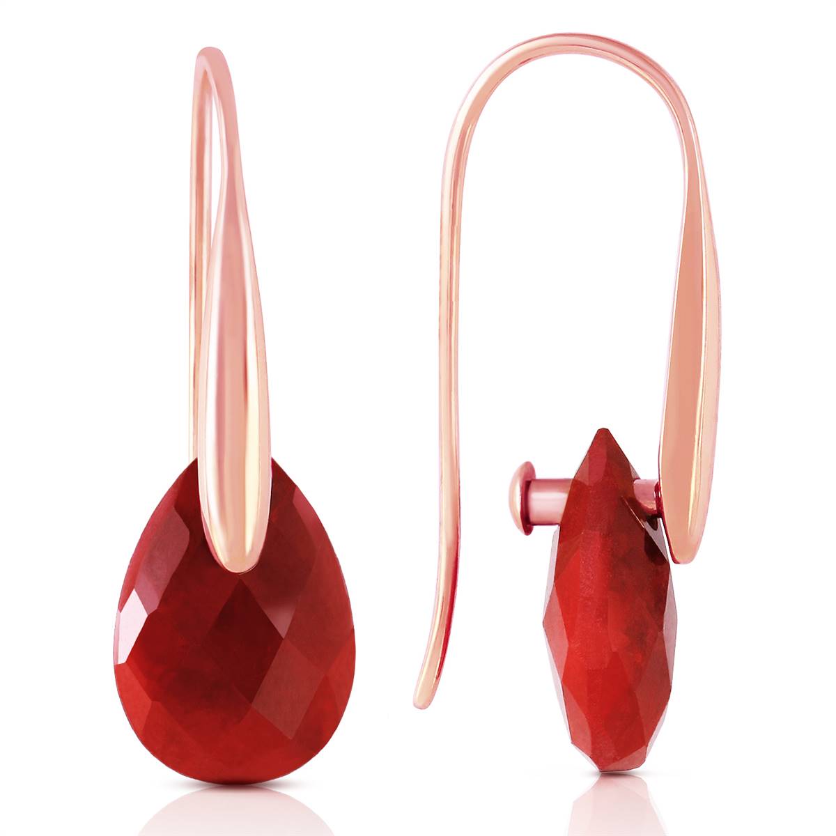 14K Solid Rose Gold Fish Hook Earrings w/ Dangling Briolette Rubies