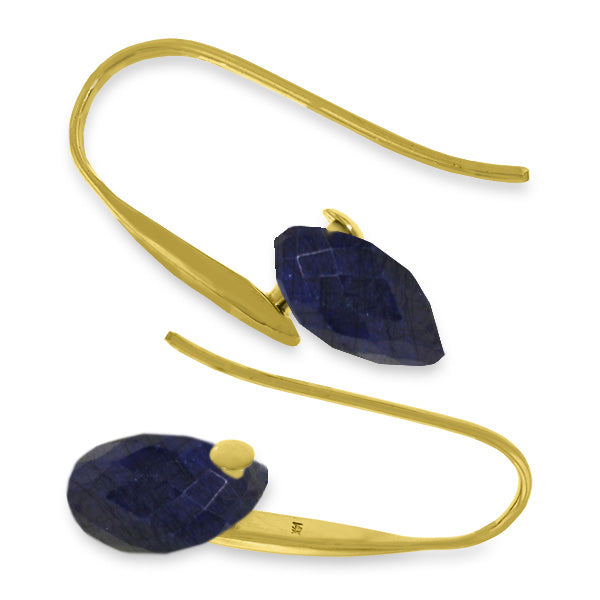 14K Solid Yellow Gold Fish Hook Earrings w/ Dangling Briolette Sapphires
