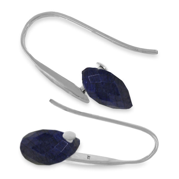 14K Solid White Gold Fish Hook Earrings w/ Dangling Briolette Sapphires
