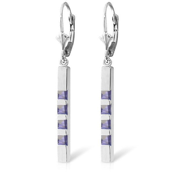 14K Solid White Gold Leverback Earrings Bar w/ Natural Tanzanites