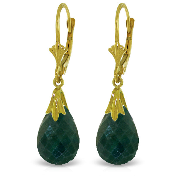 14K Solid Yellow Gold Leverback Earrings w/ Green Dyed Sapphires