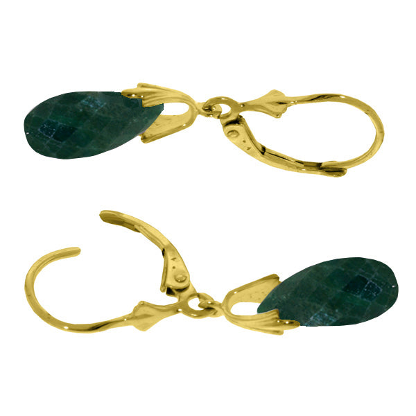 14K Solid Yellow Gold Leverback Earrings w/ Green Dyed Sapphires