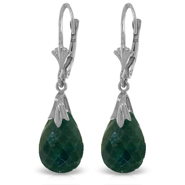 14K Solid White Gold Leverback Earrings w/ Green Dyed Sapphires