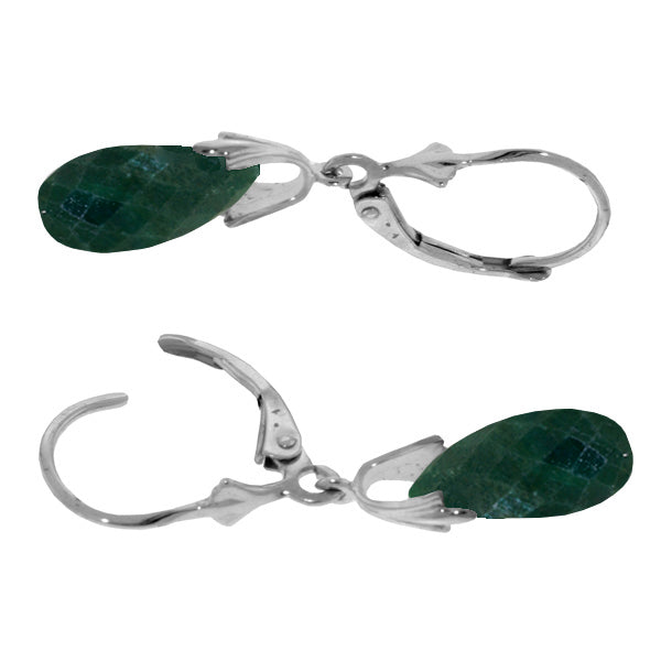 14K Solid White Gold Leverback Earrings w/ Green Dyed Sapphires