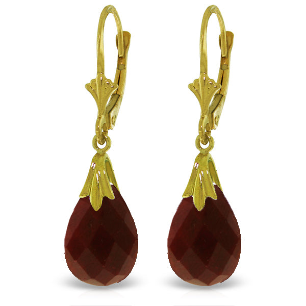 14K Solid Yellow Gold Leverback Earrings w/ Dyed Rubies