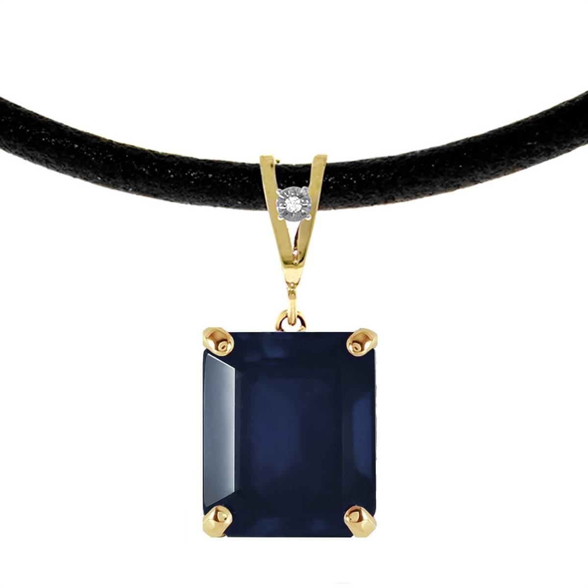 14K Solid Yellow Gold & Leather Necklace w/ Diamond & Sapphire
