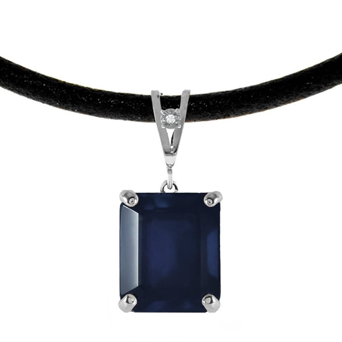 14K Solid White Gold & Leather Necklace w/ Diamond & Sapphire