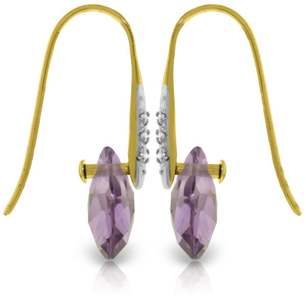 14K Solid Yellow Gold Fish Hook Earrings w/ Diamonds & Dangling Briolette Amethysts