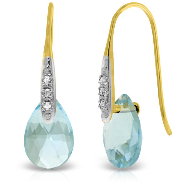 14K Solid Yellow Gold Fish Hook Earrings w/ Diamonds & Dangling Briolette Blue Topaz